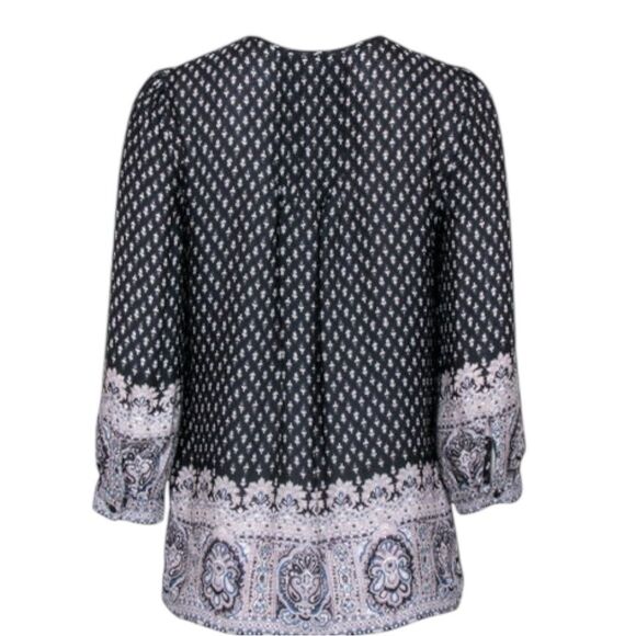 Joie Silk Boho Paisley Peasant Blouse Size Small Black White Tie Neck - Picture 3 of 6